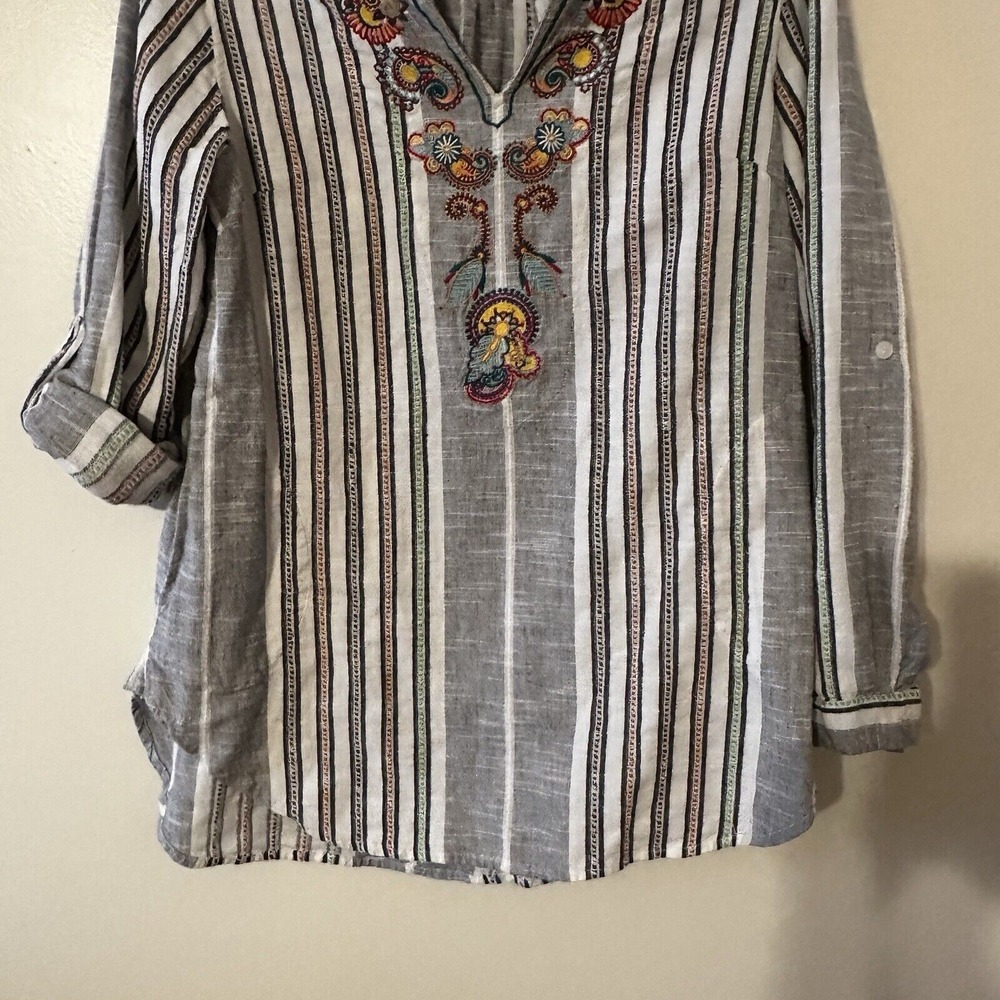 Soft Surroundings Floral Embroidery Top Paisley Tunic Stripe Pocket Roll Tab M‎ - Picture 4 of 16